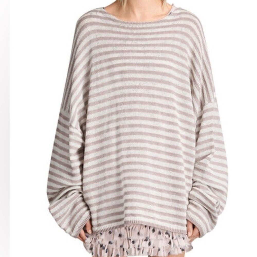 All Saints Cream and Gray Striped Crew Neck Sweater